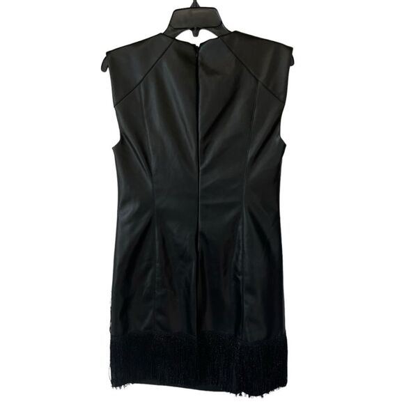 NWT DKNY | Black Faux Leather Fringe Trim Sleeveless Mini Dress 4 - Picture 4 of 11